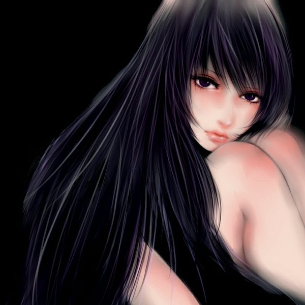 Anime picture 800x800 with original ririneko single long hair looking at viewer fringe black hair simple background bent knee (knees) black eyes black background knees touching girl