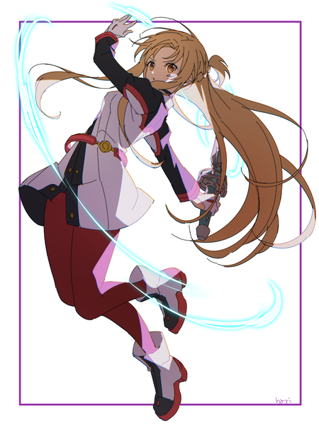 Anime picture 1125x1500 with sword art online sword art online the movie: ordinal scale a-1 pictures yuuki asuna hari611 single long hair tall image simple background brown hair white background brown eyes full body half updo framed girl weapon pantyhose sword