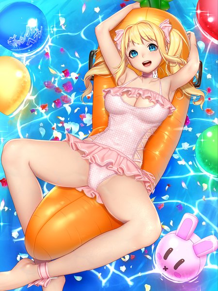 Anime picture 750x1000 with gang of heaven masami chie single long hair tall image looking at viewer blush fringe breasts open mouth blue eyes light erotic blonde hair large breasts twintails payot full body lying :d barefoot