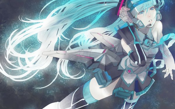Anime picture 1680x1050 with vocaloid hatsune miku single long hair blue eyes wide image twintails aqua hair looking up girl thighhighs detached sleeves