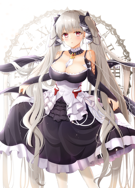 Anime picture 2591x3624 with azur lane formidable (azur lane) mikaze oto single tall image looking at viewer blush fringe highres breasts open mouth light erotic simple background red eyes large breasts standing white background twintails holding cleavage