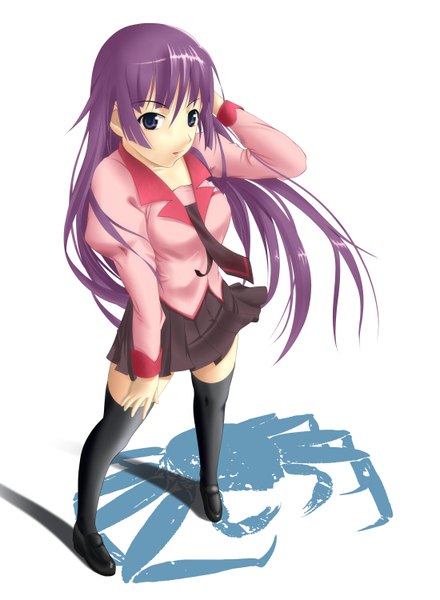 Anime picture 1100x1500 with bakemonogatari shaft (studio) monogatari (series) senjougahara hitagi supertie single long hair tall image blue eyes simple background white background purple hair wind girl thighhighs uniform black thighhighs school uniform crab