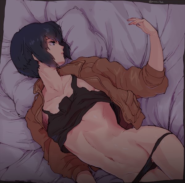 Anime picture 877x866 with ghost in the shell production i.g kusanagi motoko katsuoboshi single short hair light erotic black hair signed looking away lying profile from above black eyes open clothes no bra open jacket panty pull girl underwear