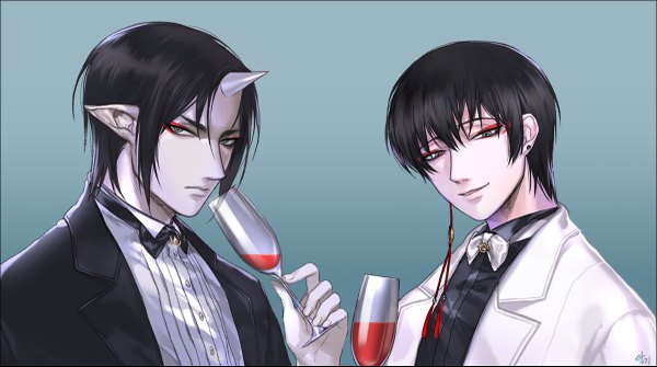 Anime picture 1200x671 with hoozuki no reitetsu wit studio hoozuki (hoozuki no reitetsu) hakutaku (hoozuki no reitetsu) akgi looking at viewer short hair black hair simple background hair between eyes wide image signed horn (horns) pointy ears black eyes multiple boys alternate costume gradient background eyeshadow oni horns