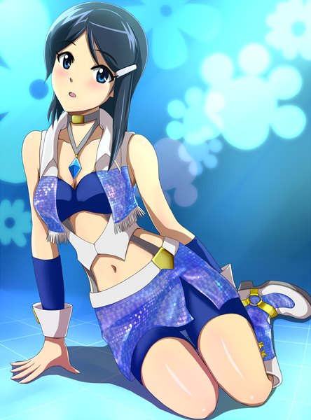 Anime picture 1000x1350 with idolmaster idolmaster dearly stars mizutani eri hina (araburu-hinadori) single tall image looking at viewer blush short hair blue eyes bare shoulders blue hair midriff girl dress navel choker boots