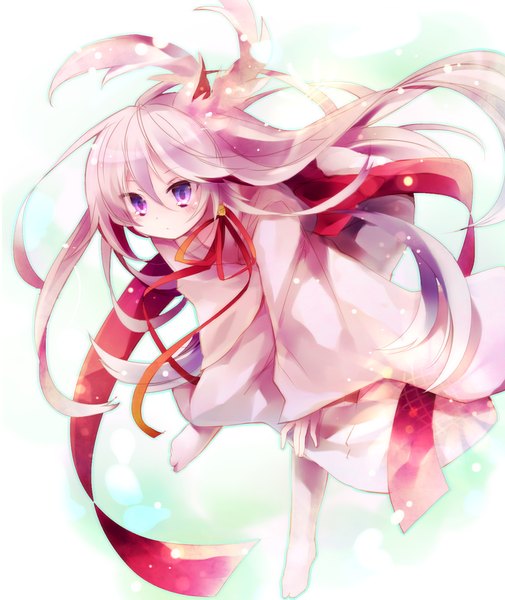 Anime picture 1026x1218 with original ibara riato single long hair tall image blush simple background white background purple eyes white hair japanese clothes girl ribbon (ribbons)