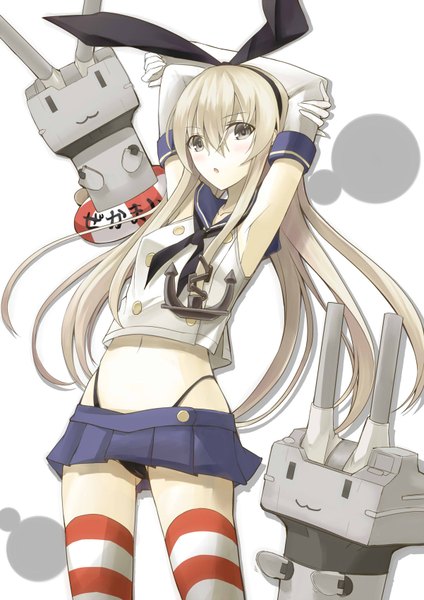 Anime picture 1202x1700 with kantai collection shimakaze destroyer rensouhou-chan kauto single long hair tall image light erotic blonde hair brown eyes midriff pantyshot ass visible through thighs girl thighhighs gloves bow hair bow miniskirt elbow gloves