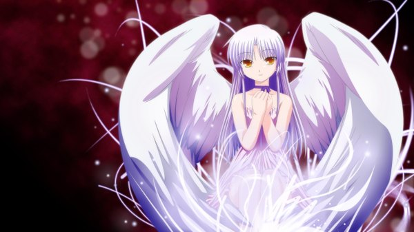 Anime picture 2560x1440 with angel beats! key (studio) tachibana kanade hirata katsuzou single long hair looking at viewer highres smile wide image standing yellow eyes white hair light smile sleeveless gradient background magic red background angel wings girl