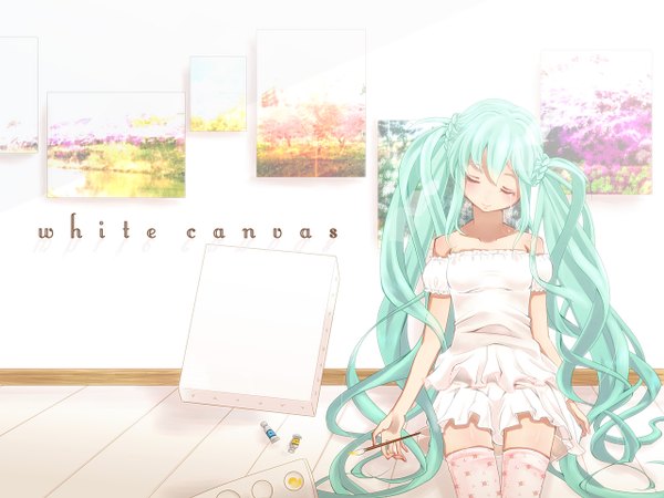 Anime picture 1280x960 with vocaloid hatsune miku nokko single twintails eyes closed very long hair aqua hair tears girl thighhighs white thighhighs sundress paintbrush art brush