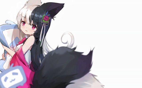Anime picture 5320x3333 with bilibili douga virtual youtuber alice mana channel alice mana xiao dianshi kgs single long hair fringe highres open mouth black hair simple background hair between eyes standing white background holding animal ears payot looking away