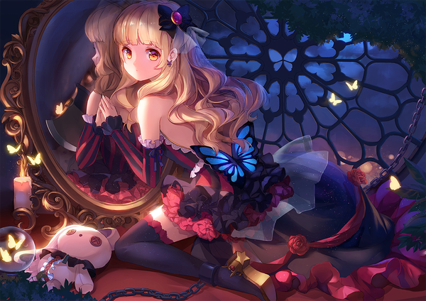 Anime picture 1200x848 with vocaloid mayu (vocaloid) usano mimi stellarism single long hair looking at viewer blush fringe blonde hair brown eyes yellow eyes payot sky indoors looking back night high heels zettai ryouiki kneeling