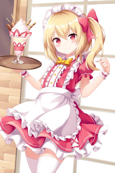Anime picture 1000x1500 with touhou flandre scarlet yasuharasora single tall image looking at viewer blush fringe short hair blonde hair smile hair between eyes red eyes alternate costume one side up girl thighhighs bow hair bow white thighhighs