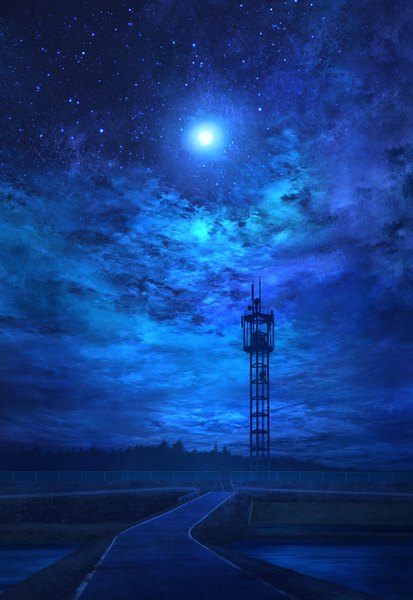 Anime picture 1042x1514 with original mks tall image cloud (clouds) night night sky no people river plant (plants) tree (trees) building (buildings) moon star (stars) full moon fence bridge road tower chain-link fence antenna