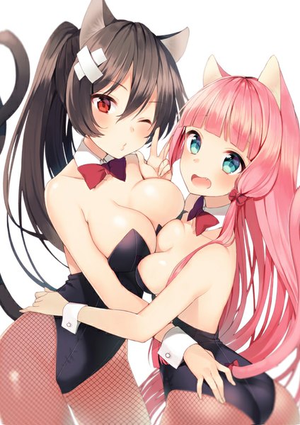 Anime picture 566x800 with original ichijou kokona midorikawa you long hair tall image looking at viewer blush fringe breasts blue eyes light erotic black hair simple background red eyes large breasts white background twintails bare shoulders multiple girls animal ears