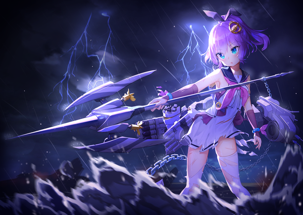 Anime picture 2000x1422 with azur lane javelin (azur lane) seero single fringe highres short hair open mouth blue eyes hair between eyes standing holding looking away purple hair outdoors ponytail night :o night sky torn clothes