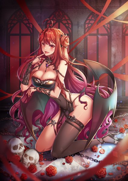 Anime picture 1500x2122 with king's raid erze (king's raid) ssosso single long hair tall image looking at viewer blush fringe breasts open mouth light erotic smile hair between eyes red eyes large breasts bare shoulders cleavage full body ahoge