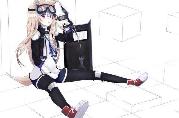 Anime picture 1632x1080 with arknights cardigan (arknights) nanofarla single long hair looking at viewer blush fringe open mouth simple background blonde hair hair between eyes sitting purple eyes holding animal ears :o pale skin goggles on head legwear under shorts