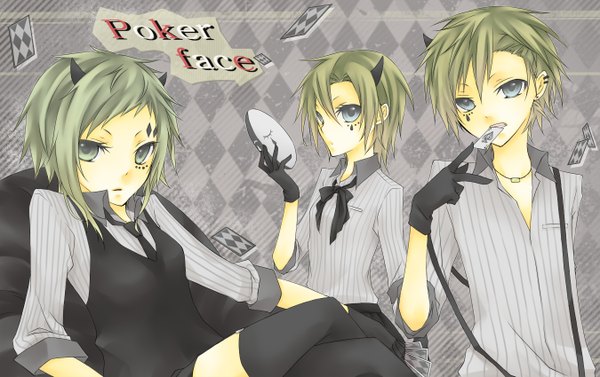 Anime picture 1350x850 with vocaloid poker face (vocaloid) gumi gumo kuroi (liar-player) short hair horn (horns) green hair grey eyes facial mark group twisty sleeves face paint rhombus girl thighhighs gloves shirt necktie jewelry