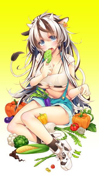 Anime picture 1091x2001 with original giuniu single tall image looking at viewer blush breasts open mouth blue eyes light erotic large breasts multicolored hair horn (horns) eating cow ears cow girl cow tail girl socks shoes