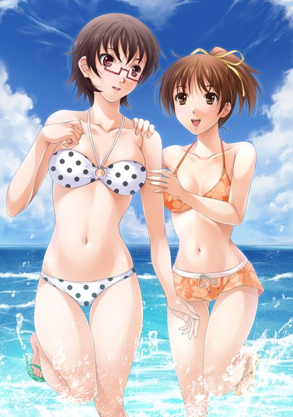 Anime picture 1040x1477 with k-on! kyoto animation hirasawa ui manabe nodoka mukunokino isshiki tall image short hair open mouth red eyes brown hair multiple girls brown eyes cloud (clouds) ponytail :d hand on another's shoulder girl navel ribbon (ribbons) 2 girls