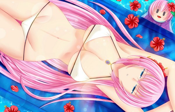 Anime picture 1110x711 with vocaloid megurine luka fuyuki jun long hair looking at viewer breasts blue eyes light erotic large breasts pink hair midriff girl navel flower (flowers) swimsuit bikini pendant