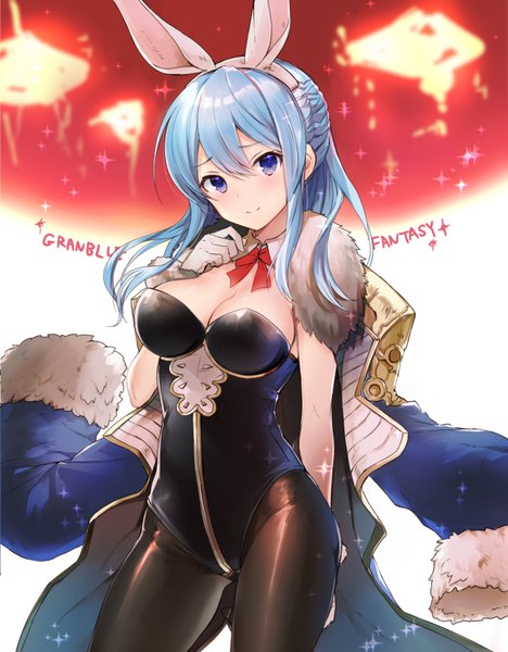 Anime picture 714x915 with granblue fantasy therese (granblue fantasy) hayama eishi single long hair tall image looking at viewer blush fringe breasts blue eyes light erotic hair between eyes large breasts standing white background animal ears payot blue hair cleavage