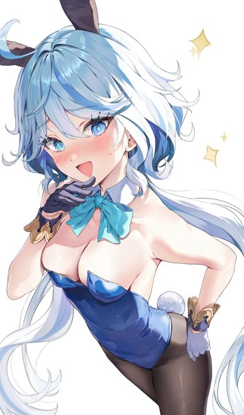 Anime picture 588x1000 with genshin impact furina (genshin impact) huwari (dnwls3010) single long hair tall image blush fringe breasts open mouth blue eyes light erotic simple background smile hair between eyes white background animal ears blue hair cleavage ahoge