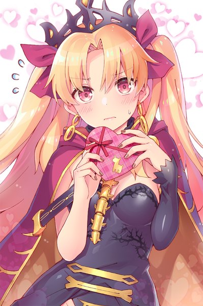 Anime picture 798x1200 with fate (series) fate/grand order ereshkigal (fate) rioshi single long hair tall image looking at viewer blush blonde hair red eyes holding nail polish two side up embarrassed sweatdrop valentine flying sweatdrops girl earrings