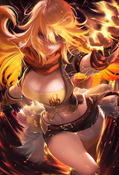 Anime picture 1026x1500 with rwby rooster teeth yang xiao long sakimichan single tall image looking at viewer fringe breasts blonde hair hair between eyes large breasts purple eyes signed bent knee (knees) arm up light smile lips realistic midriff