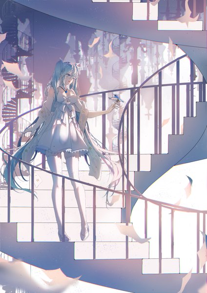 Anime picture 2480x3507 with vocaloid hatsune miku re:rin single long hair tall image fringe highres breasts open mouth smile hair between eyes standing twintails bare shoulders payot looking away full body aqua eyes aqua hair