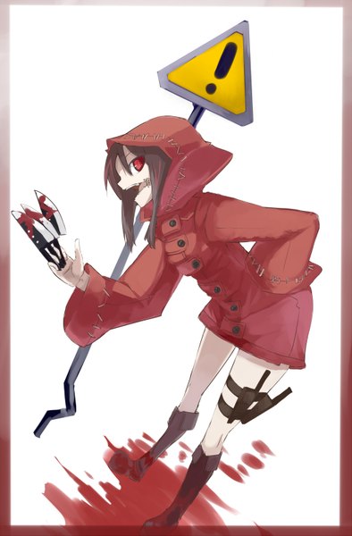 Anime picture 1035x1575 with original mazonano (artist) single tall image short hair open mouth red eyes brown hair looking away border girl weapon boots hood blood sheath knife traffic sign