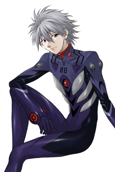 Anime picture 672x1000 with neon genesis evangelion rebuild of evangelion evangelion: 3.0 you can (not) redo gainax nagisa kaworu mc single tall image looking at viewer fringe short hair simple background hair between eyes red eyes white background sitting bent knee (knees) head tilt grey hair boy