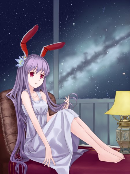 Anime picture 1200x1600 with touhou reisen udongein inaba tucana single long hair tall image red eyes sitting bare shoulders purple hair barefoot hair flower night bunny ears night sky bunny girl girl dress hair ornament white dress