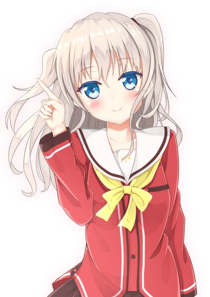 Anime picture 1075x1518 with charlotte p.a. works tomori nao karutamo single long hair tall image looking at viewer blush fringe blue eyes simple background smile white background arm up light smile grey hair two side up girl uniform