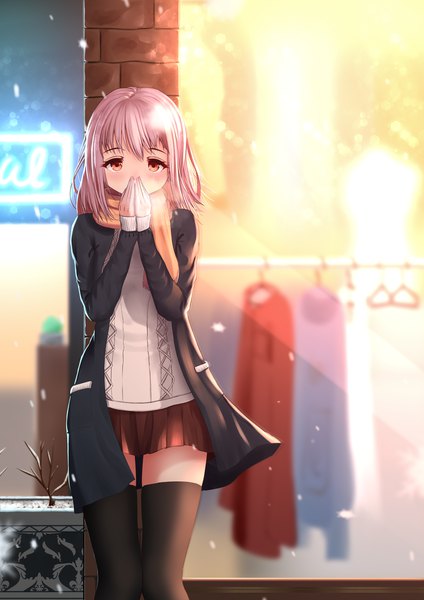 Anime picture 2480x3508 with original nearoul kishi single tall image looking at viewer blush fringe highres short hair standing pink hair pleated skirt wind orange eyes snowing winter exhalation covered mouth hands clasped against glass