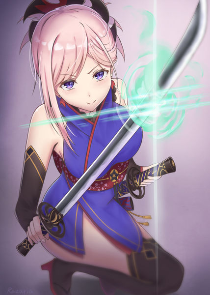 Anime picture 800x1122 with fate (series) fate/grand order miyamoto musashi (fate) razaria single tall image looking at viewer blush short hair breasts light erotic simple background smile large breasts purple eyes bare shoulders holding pink hair blurry depth of field