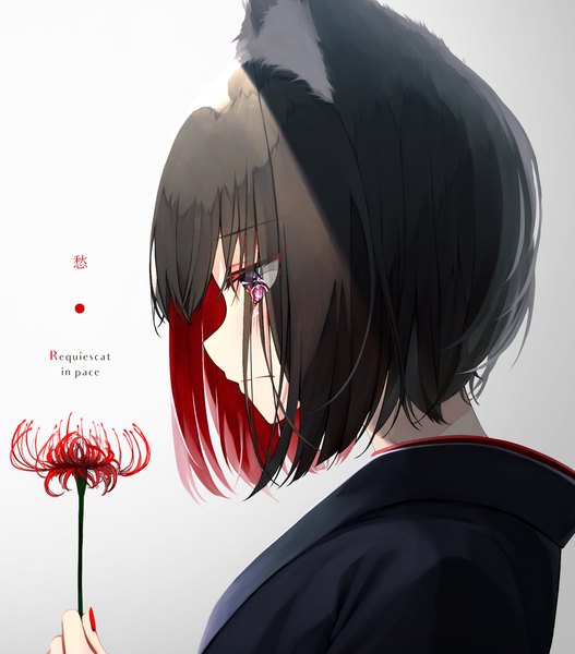 Anime picture 2100x2388 with original mayogii single tall image fringe highres short hair black hair simple background red eyes animal ears nail polish traditional clothes japanese clothes profile pink eyes multicolored hair grey background two-tone hair looking down