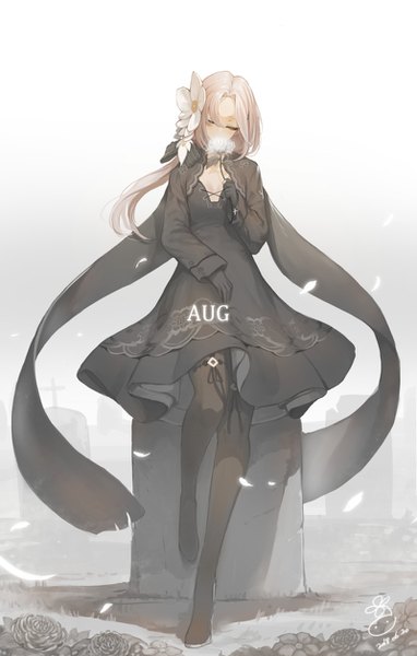 Anime picture 800x1256 with girls frontline steyr aug (girls frontline) suerte single long hair tall image fringe standing holding cleavage silver hair full body outdoors head tilt hair flower wind character names dated looking down standing on one leg