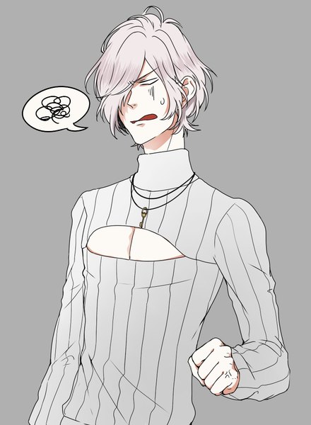 Anime picture 809x1103 with diabolik lovers idea factory sakamaki subaru kuwa ayase single tall image fringe short hair open mouth simple background looking away silver hair upper body hair over one eye grey background cleavage cutout angry anger vein boy turtleneck