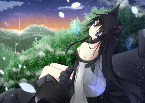 Anime picture 1457x1032 with original masa000010 single long hair looking at viewer blush fringe breasts blue eyes light erotic black hair hair between eyes sitting bare shoulders animal ears sky cloud (clouds) tail animal tail pleated skirt