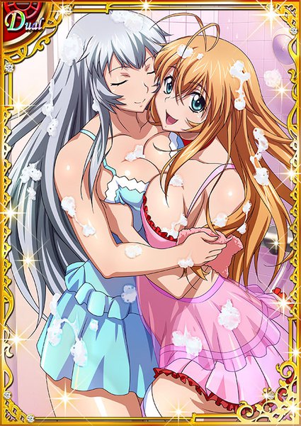 Anime picture 567x800 with ikkitousen sonsaku hakufu chouun shiryuu long hair tall image looking at viewer blush fringe breasts open mouth blue eyes light erotic blonde hair smile hair between eyes large breasts multiple girls payot ahoge eyes closed