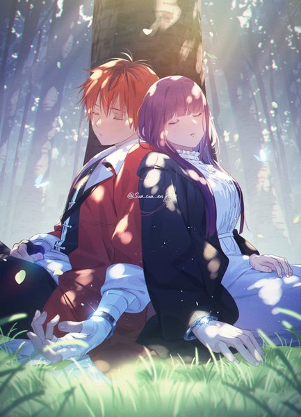 Anime picture 1414x1961 with sousou no frieren fern (sousou no frieren) stark (sousou no frieren) sua lucid long hair tall image fringe short hair sitting purple hair outdoors red hair blunt bangs eyes closed couple sleeping back to back girl dress boy