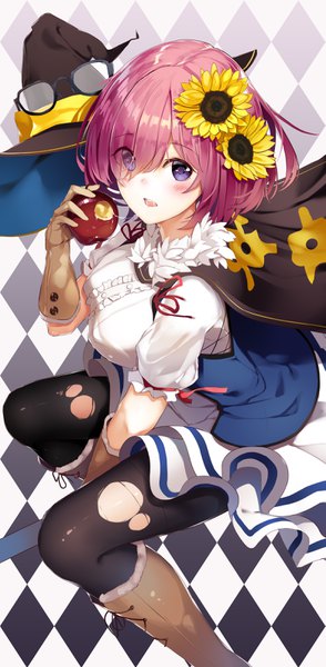 Anime picture 1554x3168 with fate (series) fate/grand order mash kyrielight niii (memstapak) single tall image looking at viewer blush fringe short hair breasts open mouth simple background purple eyes pink hair hair flower from above hair over one eye short sleeves fur trim