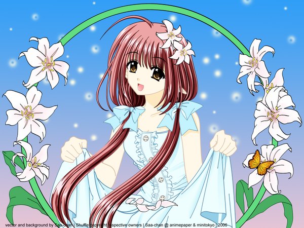 Anime picture 1600x1200 with shuffle! lisianthus nishimata aoi single long hair fringe open mouth brown hair standing holding brown eyes ahoge hair flower pointy ears happy vector girl dress flower (flowers) insect