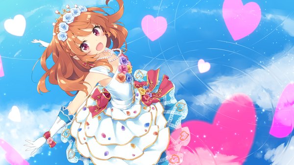 Anime picture 1920x1080 with aikatsu! oozora akari kani biimu single long hair looking at viewer highres open mouth smile red eyes brown hair wide image sky cloud (clouds) braid (braids) :d from above spread arms crown braid girl