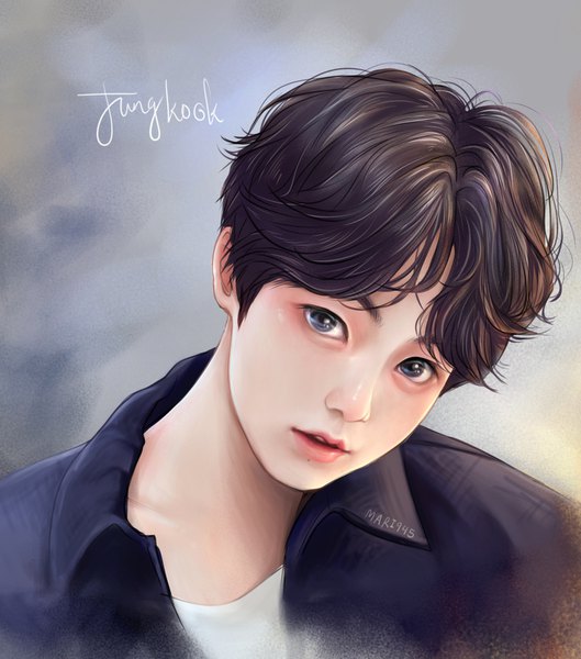 Anime picture 1445x1638 with real life bts jeon jungkook (bts) mari945 single tall image looking at viewer fringe short hair black hair simple background signed upper body parted lips head tilt lips realistic grey background grey eyes character names