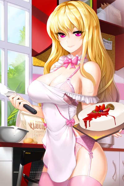 Anime picture 1400x2100 with sword girls snowball22 single long hair tall image breasts light erotic blonde hair large breasts pink eyes pantyshot cooking girl thighhighs food sweets apron berry (berries) cake strawberry