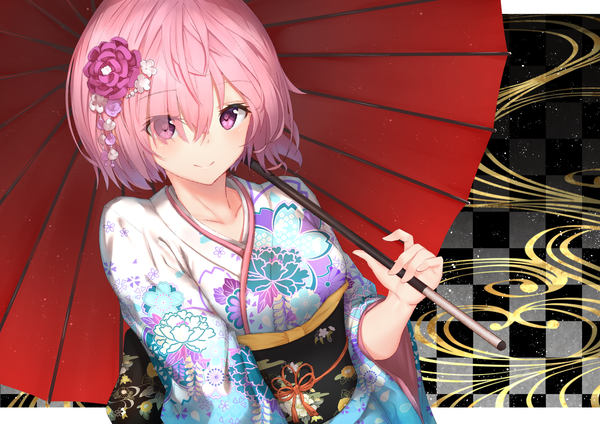 Anime picture 1637x1158 with fate (series) fate/grand order mash kyrielight reuri (tjux4555) single looking at viewer blush fringe short hair smile standing purple eyes holding pink hair upper body traditional clothes japanese clothes hair flower hair over one eye wide sleeves