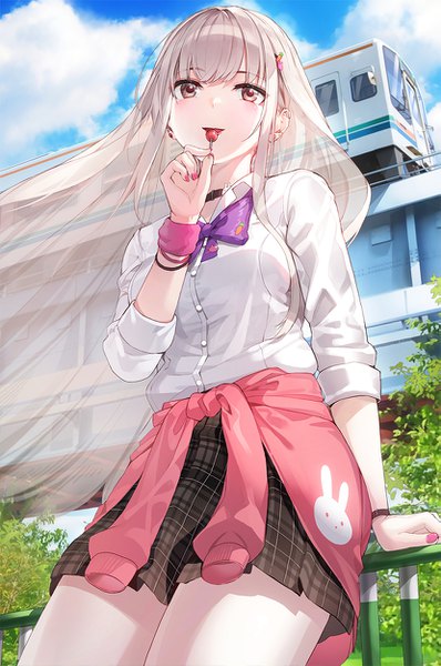 Anime picture 829x1249 with original usagyaru (rangu) kfr single long hair tall image blush fringe open mouth standing holding brown eyes payot looking away sky silver hair cloud (clouds) outdoors blunt bangs nail polish