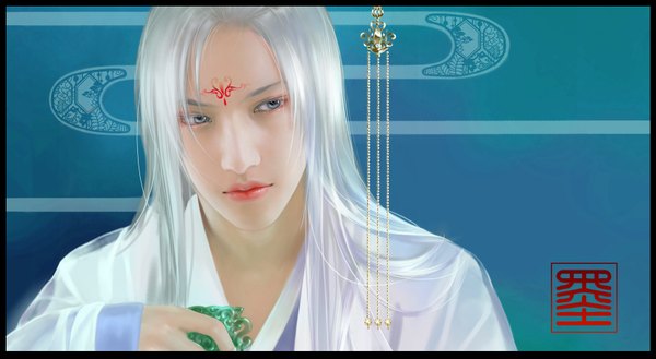 Anime picture 1706x936 with feimo single long hair highres blue eyes wide image silver hair lips realistic framed boy cup